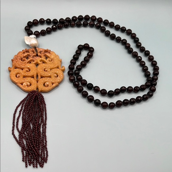 Elegant Chinese Jade Pendant Necklace with Garnet Chain and Coral Beads